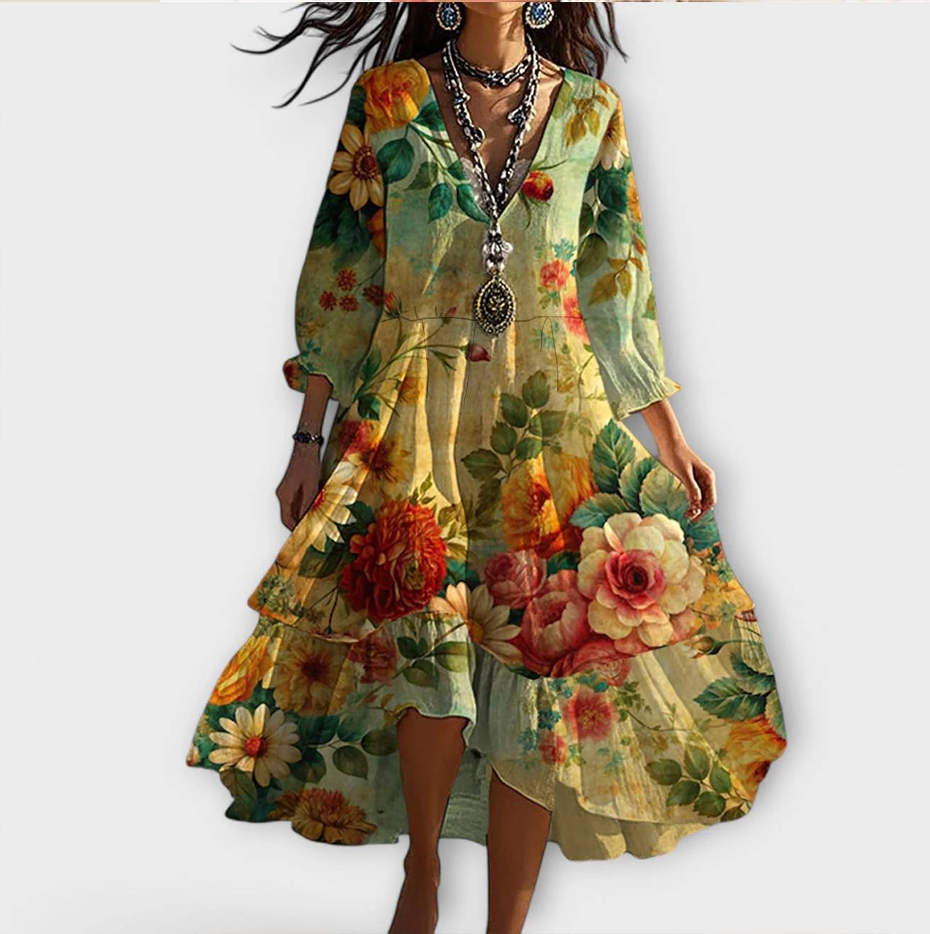 Marina - Vintage Boho Lillemuster V-Kaelusega Kleit